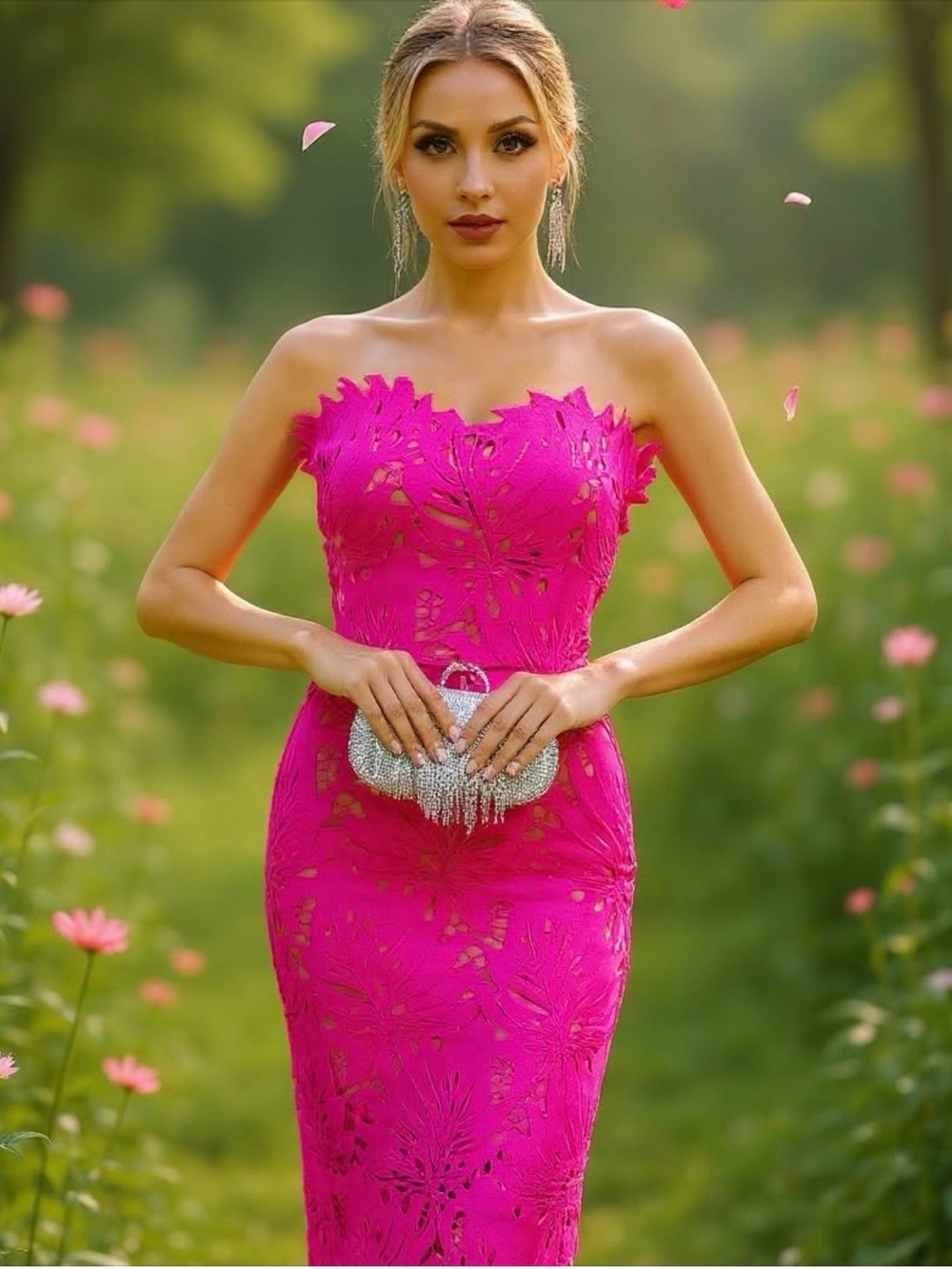 Strapless Fuchsia Lace Midi Dress